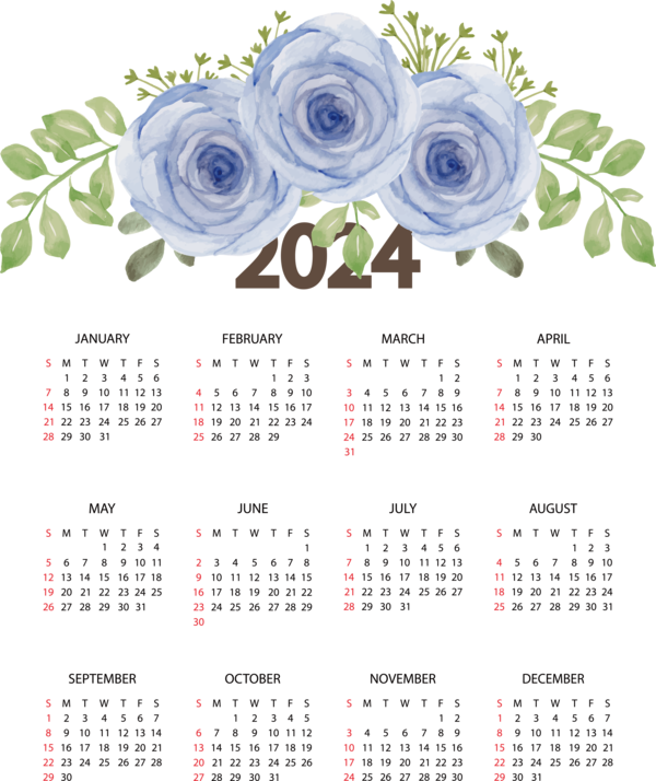 Transparent New Year Flower calendar Font for Printable 2024 Calendar for New Year