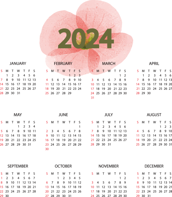 Transparent New Year calendar Design Font for Printable 2024 Calendar for New Year