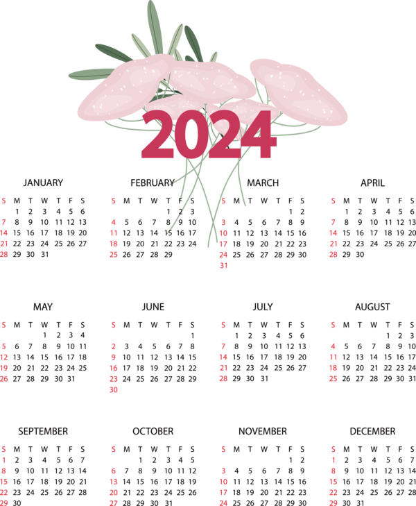 Transparent New Year calendar Design Line for Printable 2024 Calendar for New Year