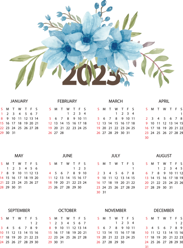 Transparent New Year Flower calendar Font for Printable 2023 Calendar for New Year