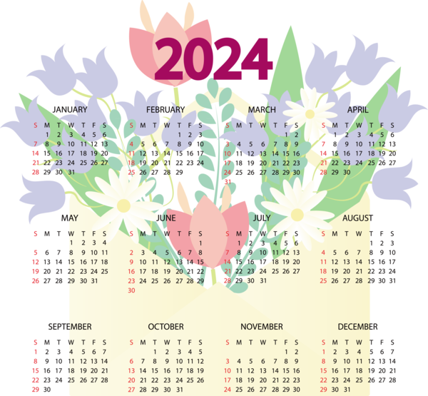 Transparent New Year calendar Floral design Julian calendar for Printable 2024 Calendar for New Year