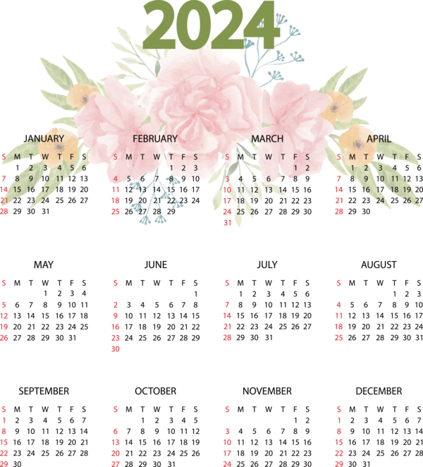 Transparent New Year Floral design calendar Design for Printable 2024 Calendar for New Year
