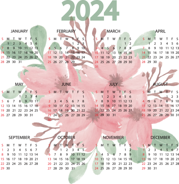 Transparent New Year Flower Design Floral design for Printable 2024 Calendar for New Year