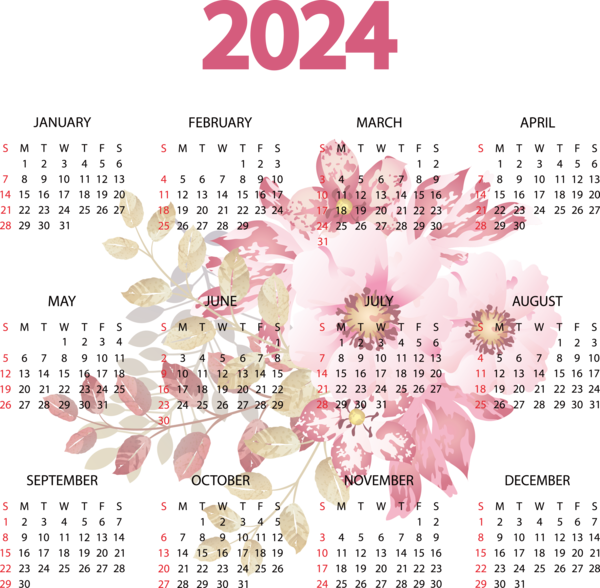Transparent New Year Design Floral design calendar for Printable 2024 Calendar for New Year