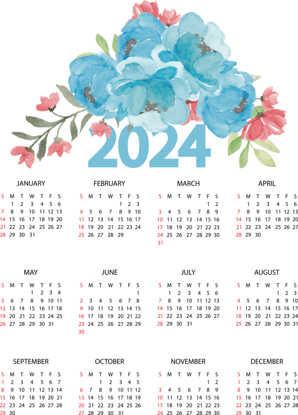 Transparent New Year calendar Flower Font for Printable 2024 Calendar for New Year
