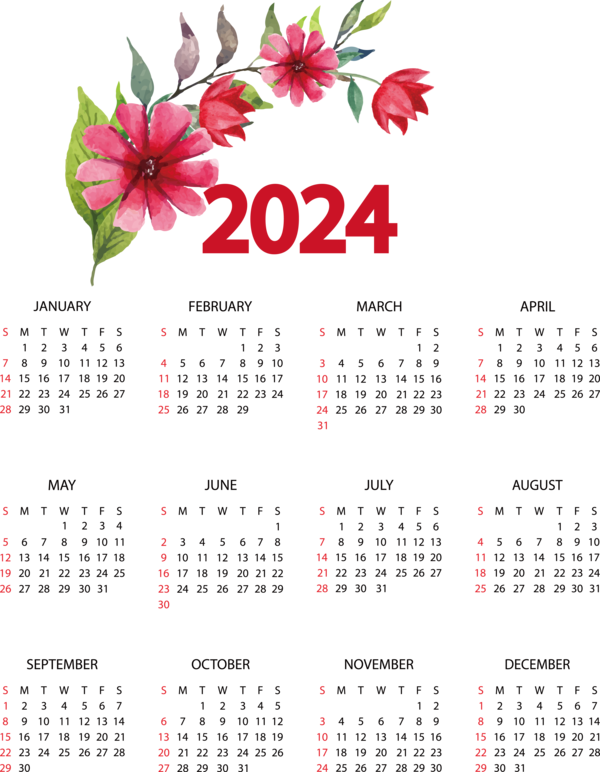 New Year Flower calendar Font for Printable 2024 Calendar for New Year