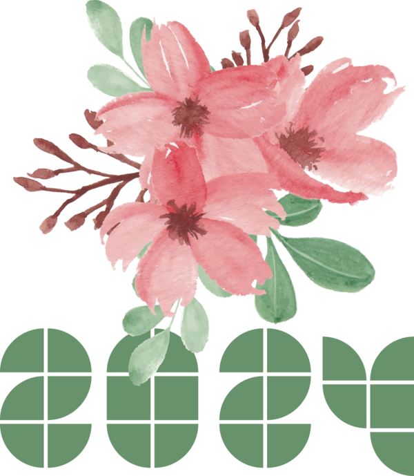 Transparent New Year Floral design Flower Watercolor painting for Happy New Year 2024 for New Year