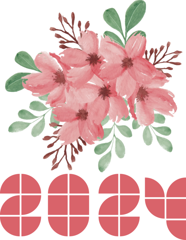 Transparent New Year Flower Floral design Watercolor painting for Happy New Year 2024 for New Year