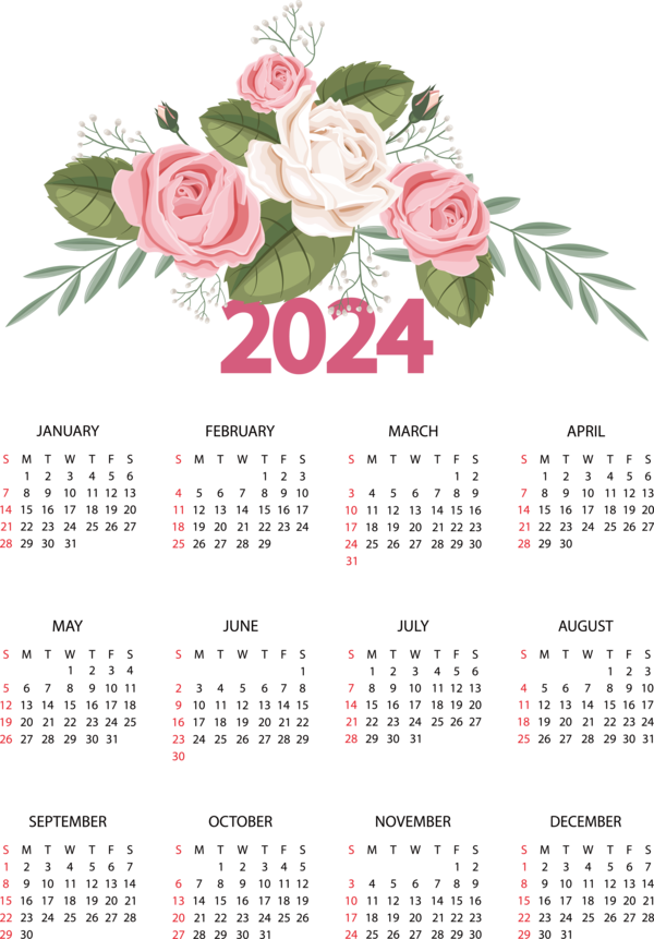 Transparent New Year Floral design calendar Design for Printable 2024 Calendar for New Year