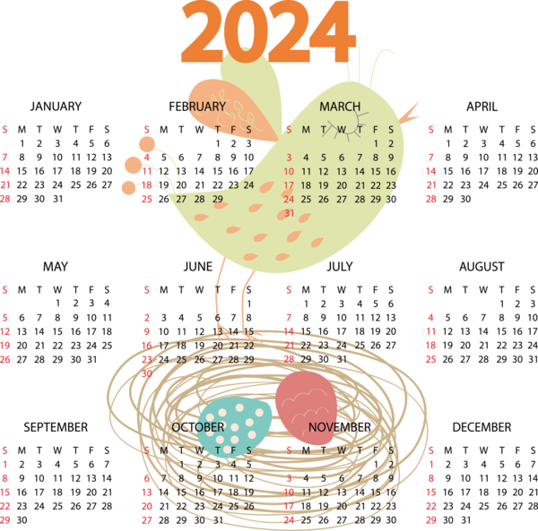 Transparent New Year Design calendar Line for Printable 2024 Calendar for New Year