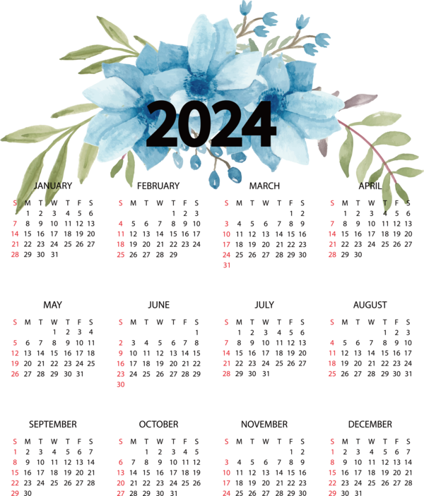 Transparent New Year Watercolour Colour Flower Floral design for Printable 2024 Calendar for New Year