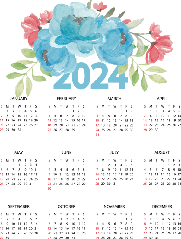 Transparent New Year calendar Floral design Design for Printable 2024 Calendar for New Year