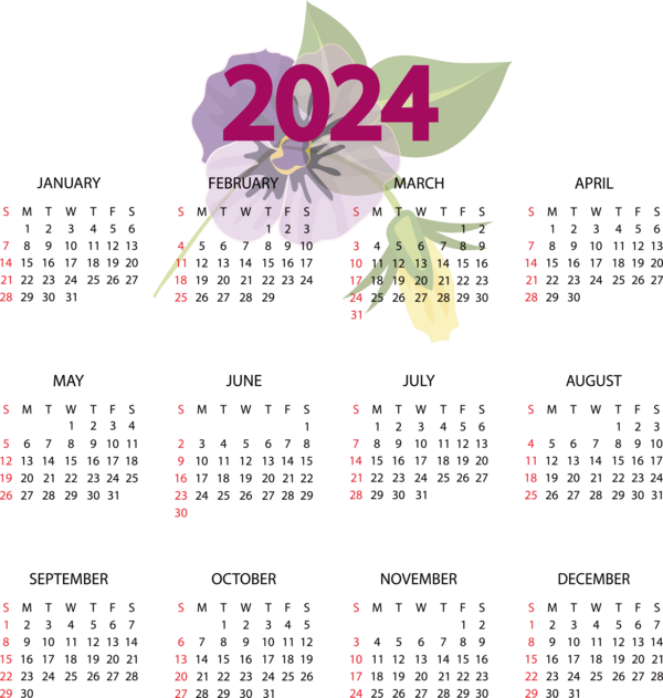 Transparent New Year calendar Design Line for Printable 2024 Calendar for New Year