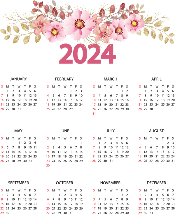Transparent New Year Flower Floral design Flower bouquet for Printable 2024 Calendar for New Year