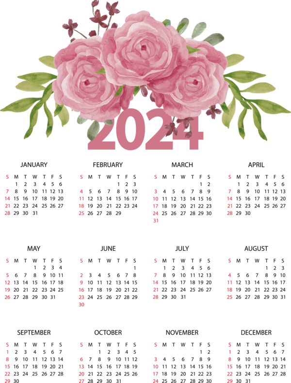 Transparent New Year Floral design Flower Design for Printable 2024 Calendar for New Year