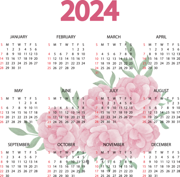 Transparent New Year Flower Design calendar for Printable 2024 Calendar for New Year