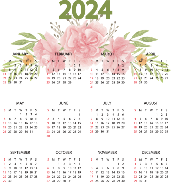 Transparent New Year Floral design calendar Design for Printable 2024 Calendar for New Year