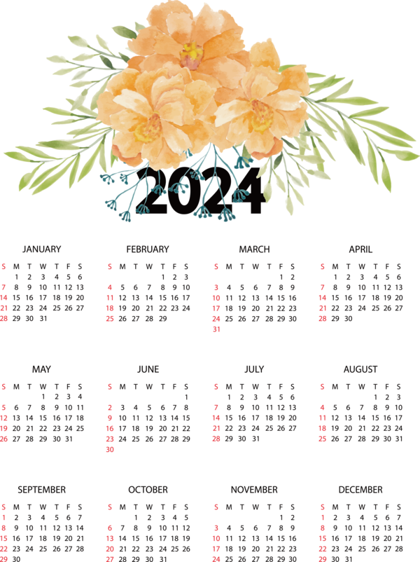 Transparent New Year Flower calendar Font for Printable 2024 Calendar for New Year