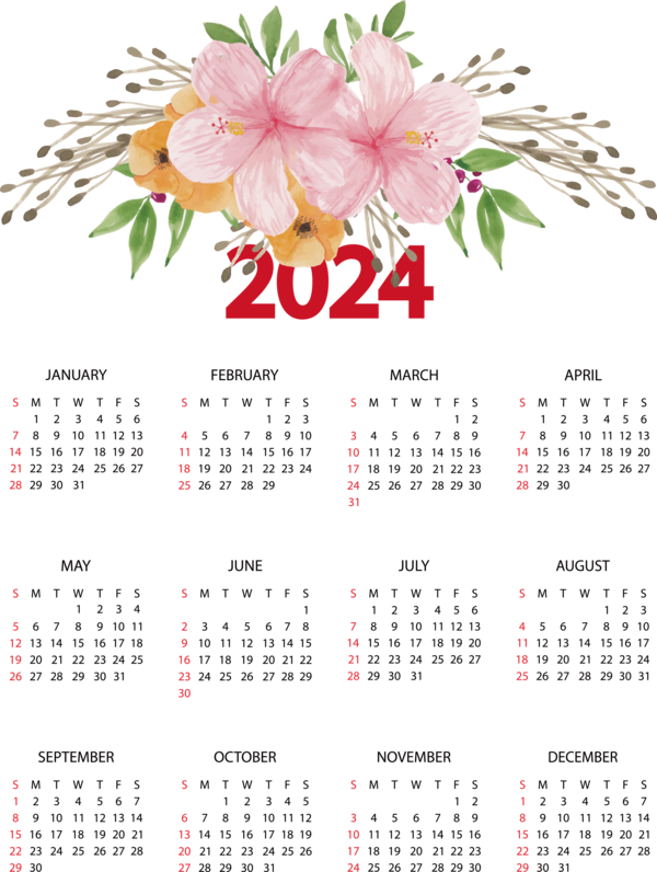 Transparent New Year Floral design Design calendar for Printable 2024 Calendar for New Year