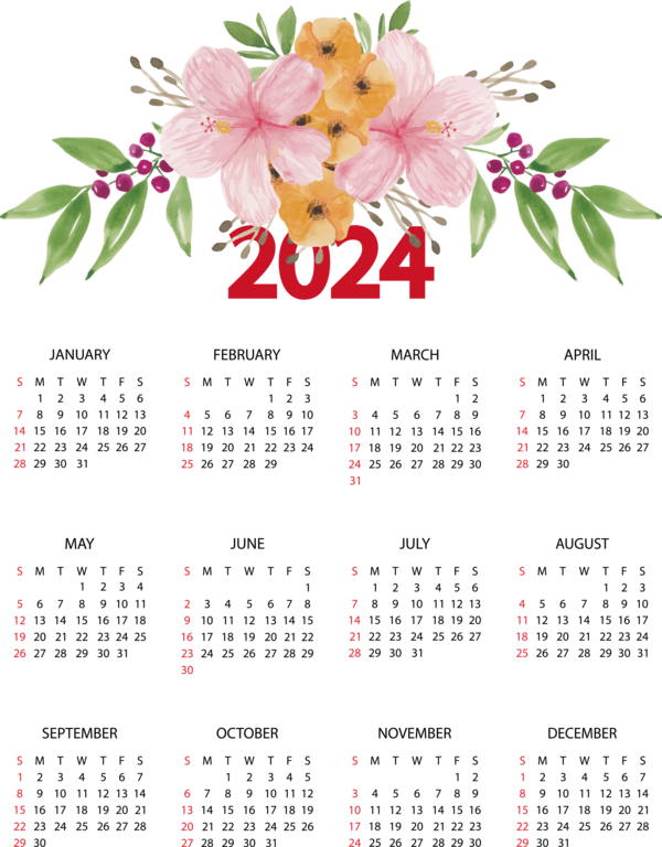 Transparent New Year calendar Calendar year Common year for Printable 2024 Calendar for New Year