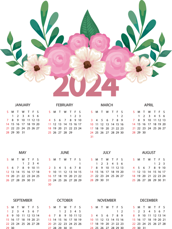 Transparent New Year Flower Royalty-free Floral design for Printable 2024 Calendar for New Year