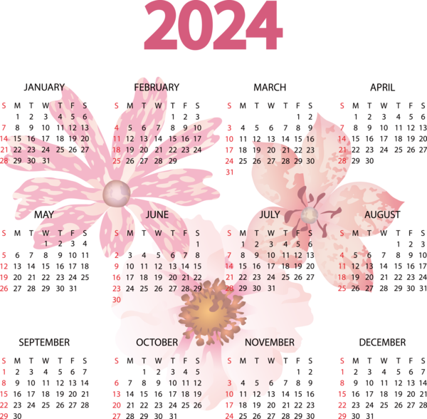 Transparent New Year NUCLEP Design Floral design for Printable 2024 Calendar for New Year