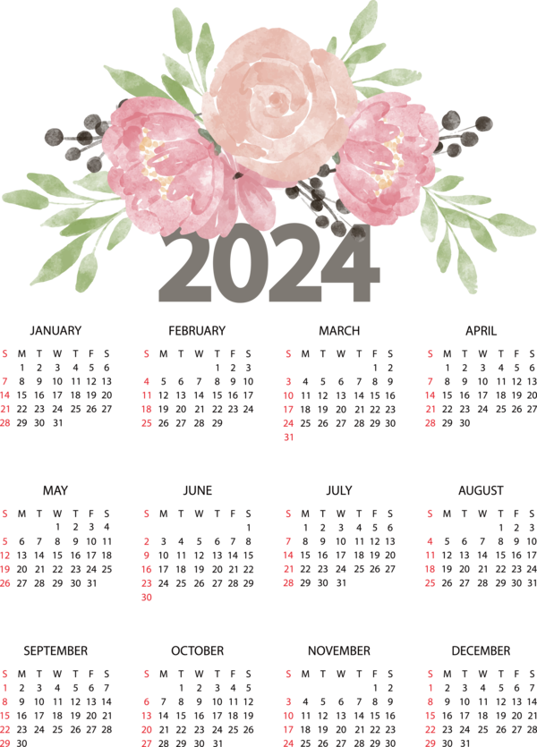 Transparent New Year Flower Floral design Rose for Printable 2024 Calendar for New Year