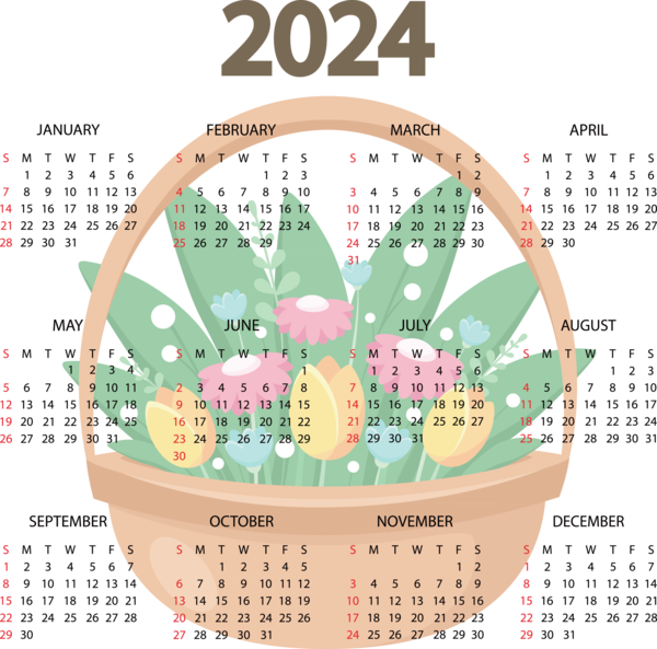 Transparent New Year Flower Floral design Flower bouquet for Printable 2024 Calendar for New Year