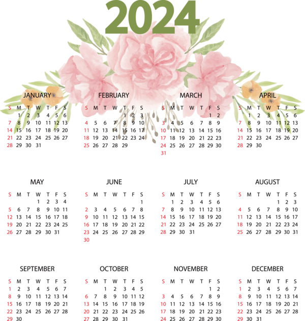 Transparent New Year Flower calendar Design for Printable 2024 Calendar for New Year
