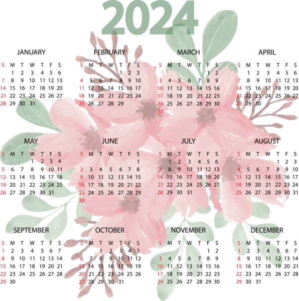 Transparent New Year calendar Design Flower for Printable 2024 Calendar for New Year