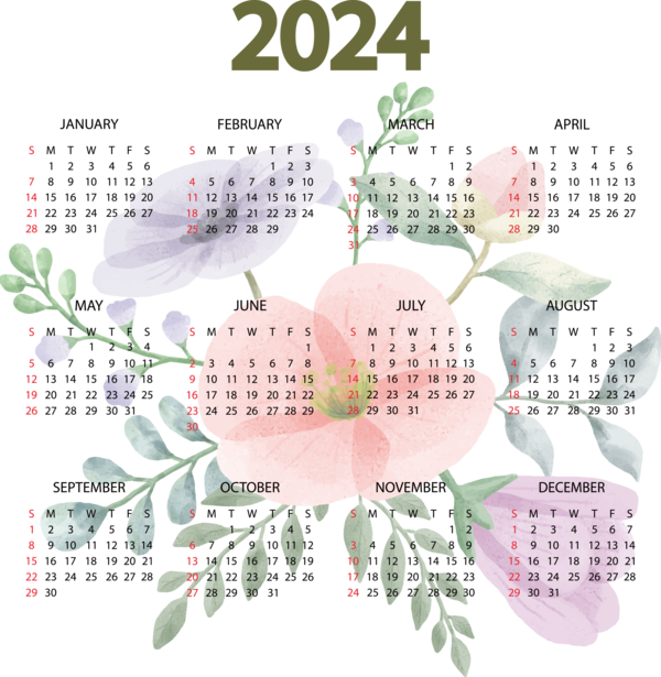 Transparent New Year calendar Solar calendar Names of the days of the week for Printable 2024 Calendar for New Year