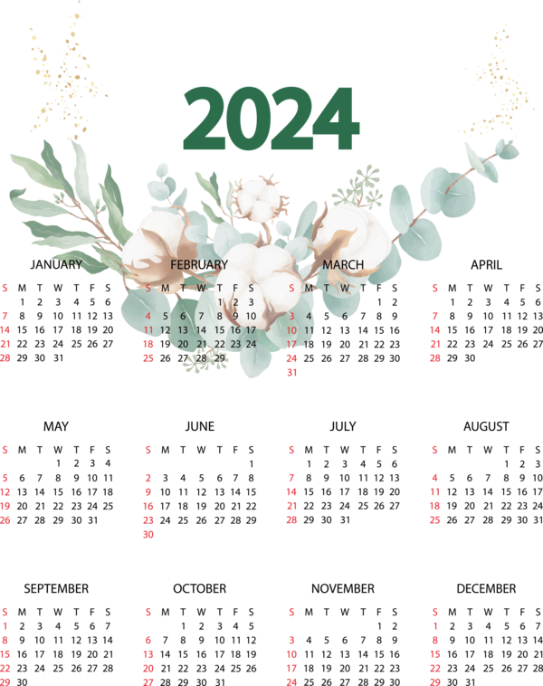 Transparent New Year calendar Font Design for Printable 2024 Calendar for New Year
