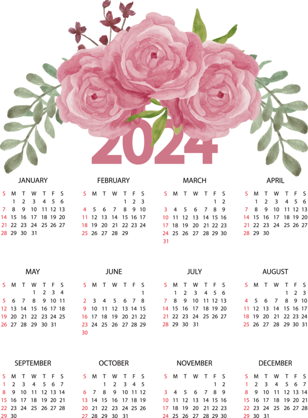 Transparent New Year Floral design Flower Flower bouquet for Printable 2024 Calendar for New Year