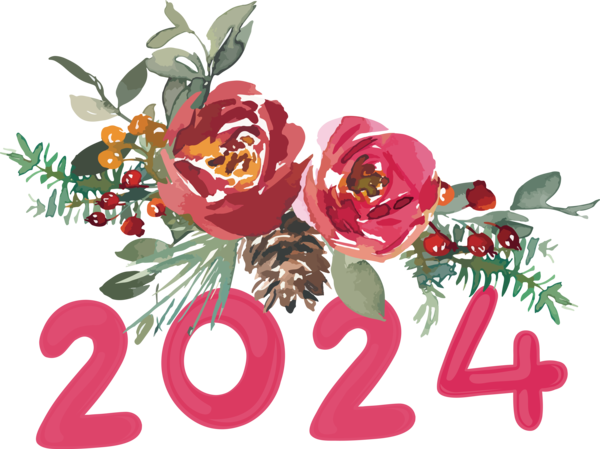 Transparent New Year Flower Watercolor painting Garden for Happy New Year 2024 for New Year