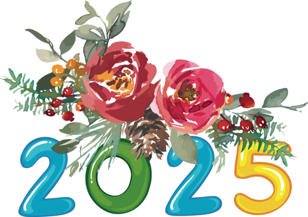Transparent New Year Watercolor painting Flower Painting for Happy New Year 2025 for New Year