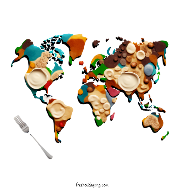 Transparent World Food Day World Food Day Food Day The image shows a world map with a fork and spoon next to it for Food Day for World Food Day