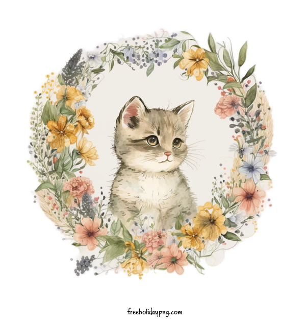 Transparent International Cat Day Cartoon Cat cat floral wreath for Cartoon Cat for International Cat Day