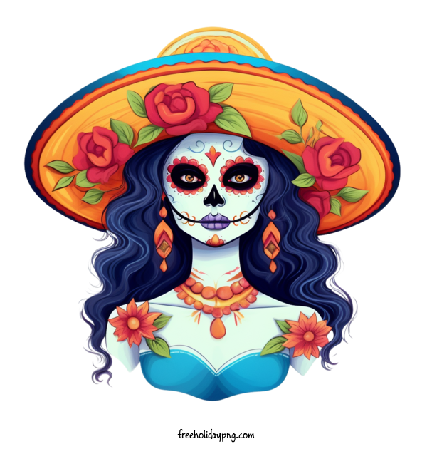 Transparent Day of the Dead Día de Muertos woman sugar skull for Día de Muertos for Day Of The Dead