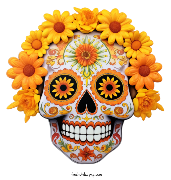 Transparent Day of the Dead Día de Muertos skull skull with flowers for Día de Muertos for Day Of The Dead