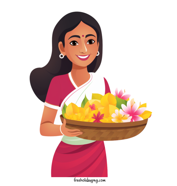 Transparent Onam Onam Harvest Festival woman in sari holding flowers woman with flowers for Onam Harvest Festival for Onam