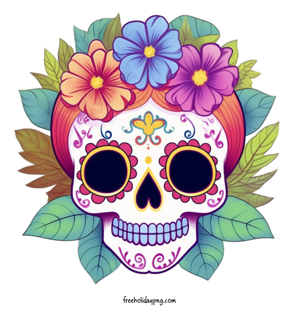 Transparent Day of the Dead Sugar Skull skull colorful flowers for Sugar Skull for Day Of The Dead