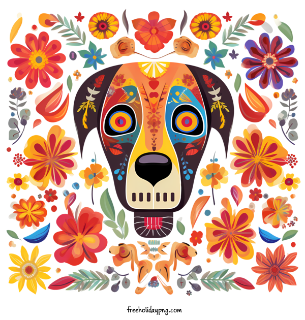 Transparent Day of the Dead Día de Muertos floral border dog for Día de Muertos for Day Of The Dead
