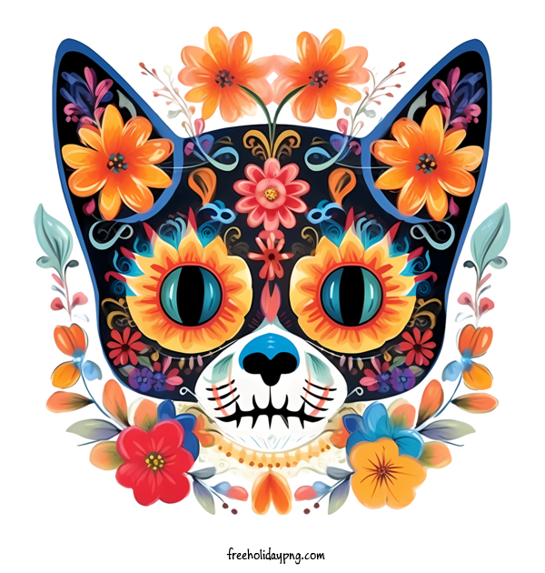 Transparent Day of the Dead Día de Muertos cat floral for Día de Muertos for Day Of The Dead