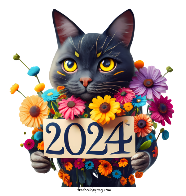 Transparent New Year Happy New Year 2024 Cat Floral for Happy New Year 2024 for New Year