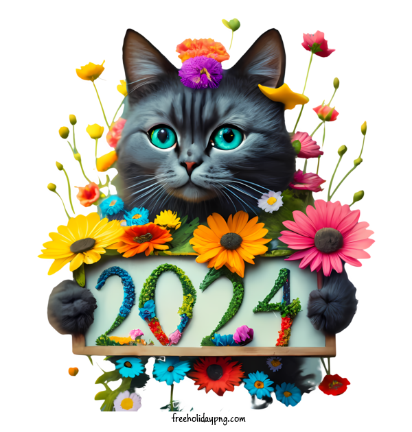 Transparent New Year Happy New Year 2024 cat flower for Happy New Year 2024 for New Year