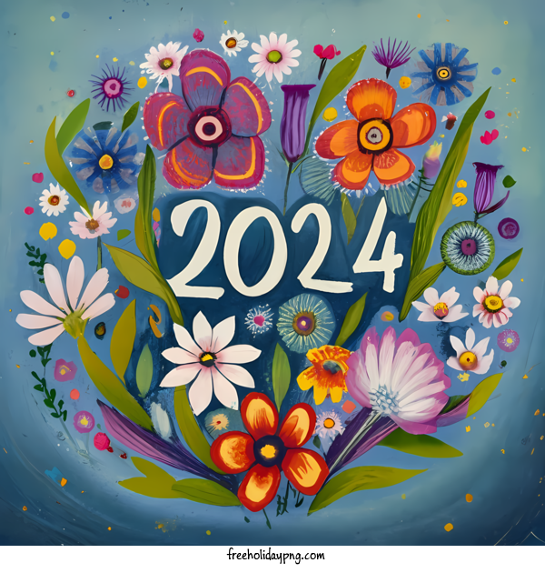 Transparent New Year Happy New Year 2024 Flowers watercolor for Happy New Year 2024 for New Year