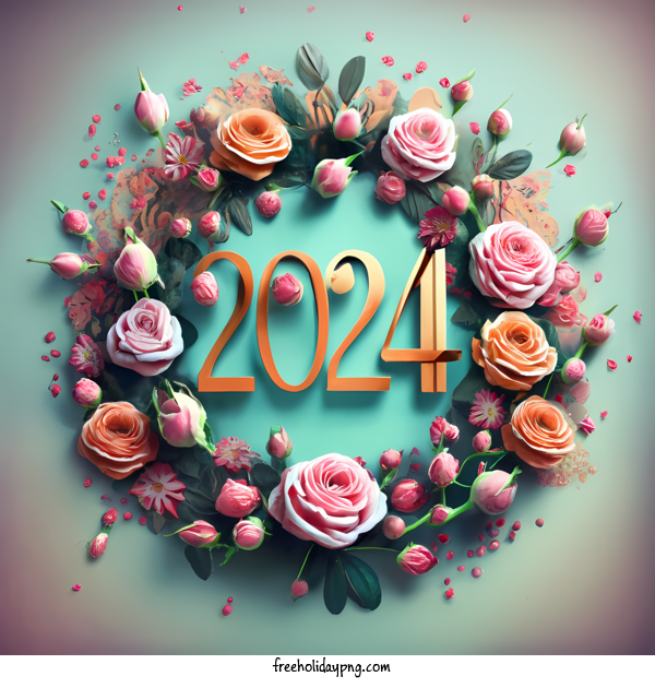 Transparent New Year Happy New Year 2024 rose wreath floral arrangement for Happy New Year 2024 for New Year