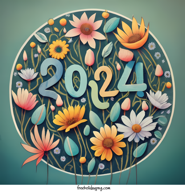 Transparent New Year Happy New Year 2024 flowers colorful for Happy New Year 2024 for New Year