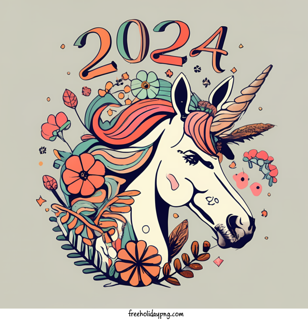 Transparent New Year Happy New Year 2024 Unicorn floral for Happy New Year 2024 for New Year