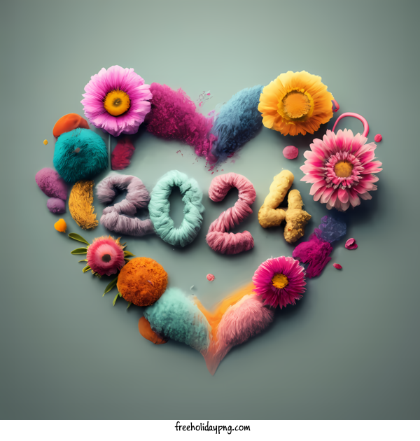 Transparent New Year Happy New Year 2024 heart colorful flowers for Happy New Year 2024 for New Year